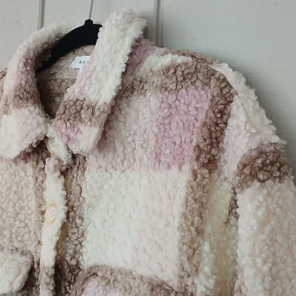 Mable Anthropologie Plaid Sherpa Barn Button Down Jacket Pink Cream Medium - Picture 3 of 9